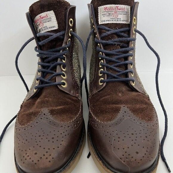 Fred Perry Northgate Brown Leather/Suede Harris Tweed Boots Mens US 7.5 Wingtip - Picture 6 of 12